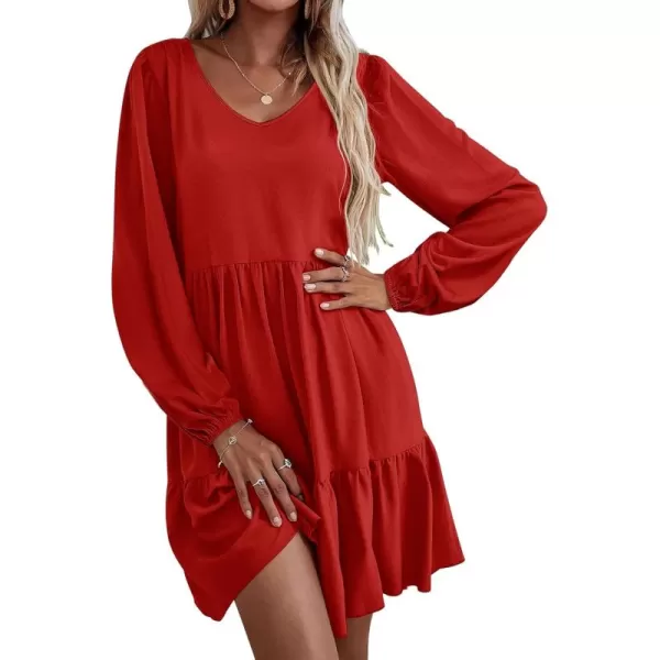 HOTOUCH Women Casual Tunic Dress V Neck Tiered Dress Long Sleeve Fit Swing Shift Dress with Pockets Loose Ruffled DressesRed