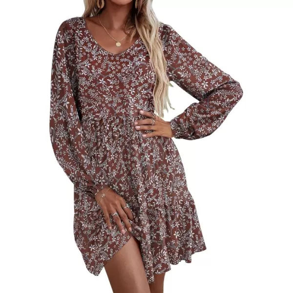 HOTOUCH Women Casual Tunic Dress V Neck Tiered Dress Long Sleeve Fit Swing Shift Dress with Pockets Loose Ruffled DressesRedprinted