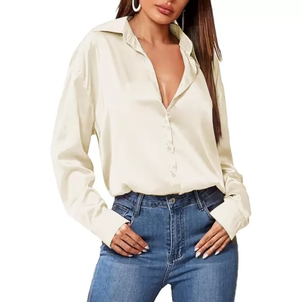 HOTOUCH Women Satin Silk Button Down Shirt Ladies Long Sleeve Tops V Neck Loose Blouse Dressy Business Casual Work Tunic FallBeige