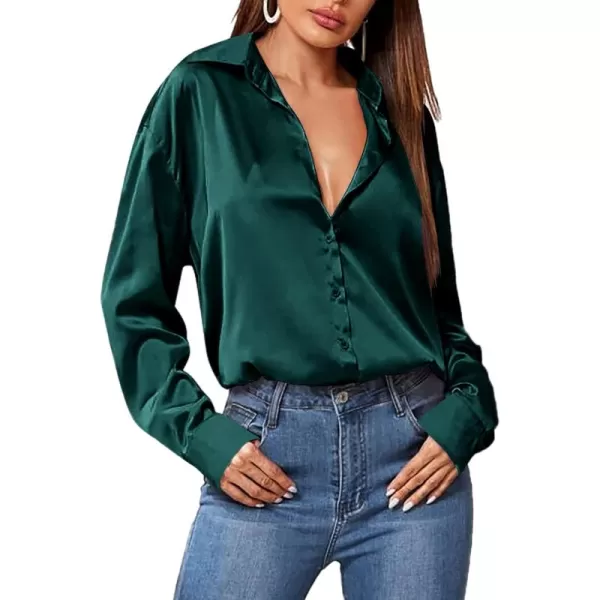 HOTOUCH Women Satin Silk Button Down Shirt Ladies Long Sleeve Tops V Neck Loose Blouse Dressy Business Casual Work Tunic FallDark Green