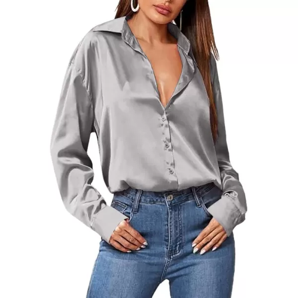 HOTOUCH Women Satin Silk Button Down Shirt Ladies Long Sleeve Tops V Neck Loose Blouse Dressy Business Casual Work Tunic FallGrey