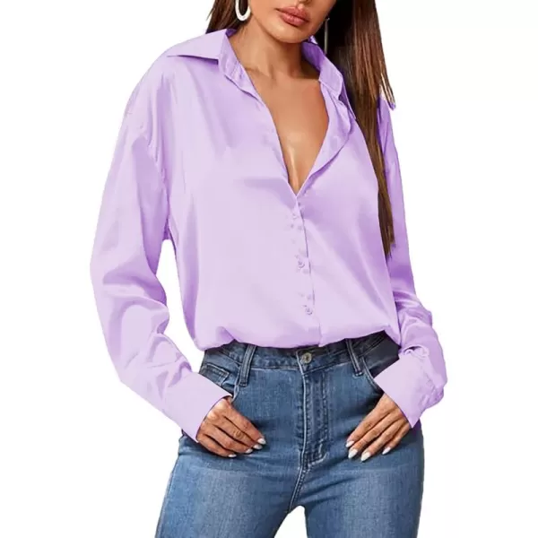 HOTOUCH Women Satin Silk Button Down Shirt Ladies Long Sleeve Tops V Neck Loose Blouse Dressy Business Casual Work Tunic FallLilac Purple