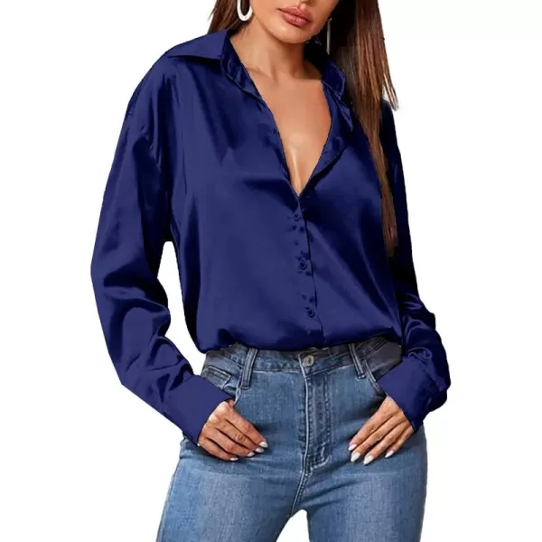 HOTOUCH Women Satin Silk Button Down Shirt Ladies Long Sleeve Tops V Neck Loose Blouse Dressy Business Casual Work Tunic FallNavy Blue