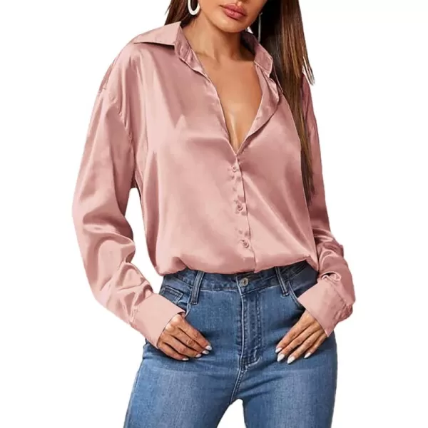 HOTOUCH Women Satin Silk Button Down Shirt Ladies Long Sleeve Tops V Neck Loose Blouse Dressy Business Casual Work Tunic FallRosy Pink