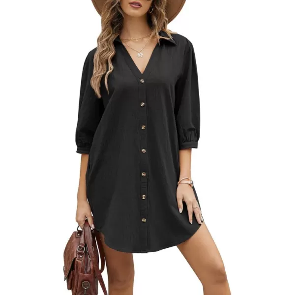 HOTOUCH Womens 34 Sleeve V Neck Button Down Shirt Dress Casual Cotton Linen Blouse Tops with Pocket34 Sleeveblack Pocket