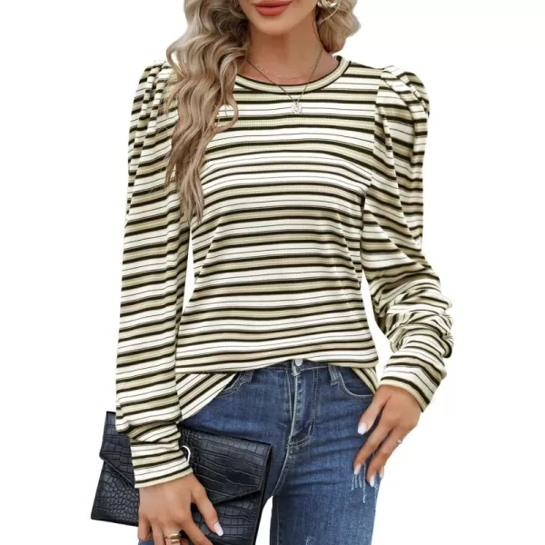 HOTOUCH Womens Knit Blouse Soft Puff Long Sleeve Shirt Tops Lightweight Round Neck Pullover Sweater SXXLApricot Stripes