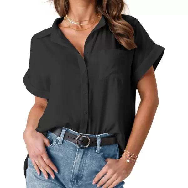 HOTOUCH Womens Short Sleeve Button Down Shirts Loose Fit V Neck Business Casual Blouses Summer Top with Pockets SXXLBlack