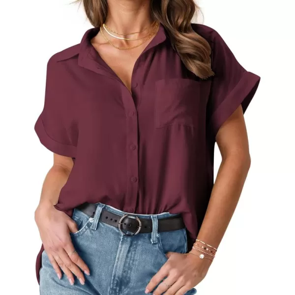 HOTOUCH Womens Short Sleeve Button Down Shirts Loose Fit V Neck Business Casual Blouses Summer Top with Pockets SXXLWine Red