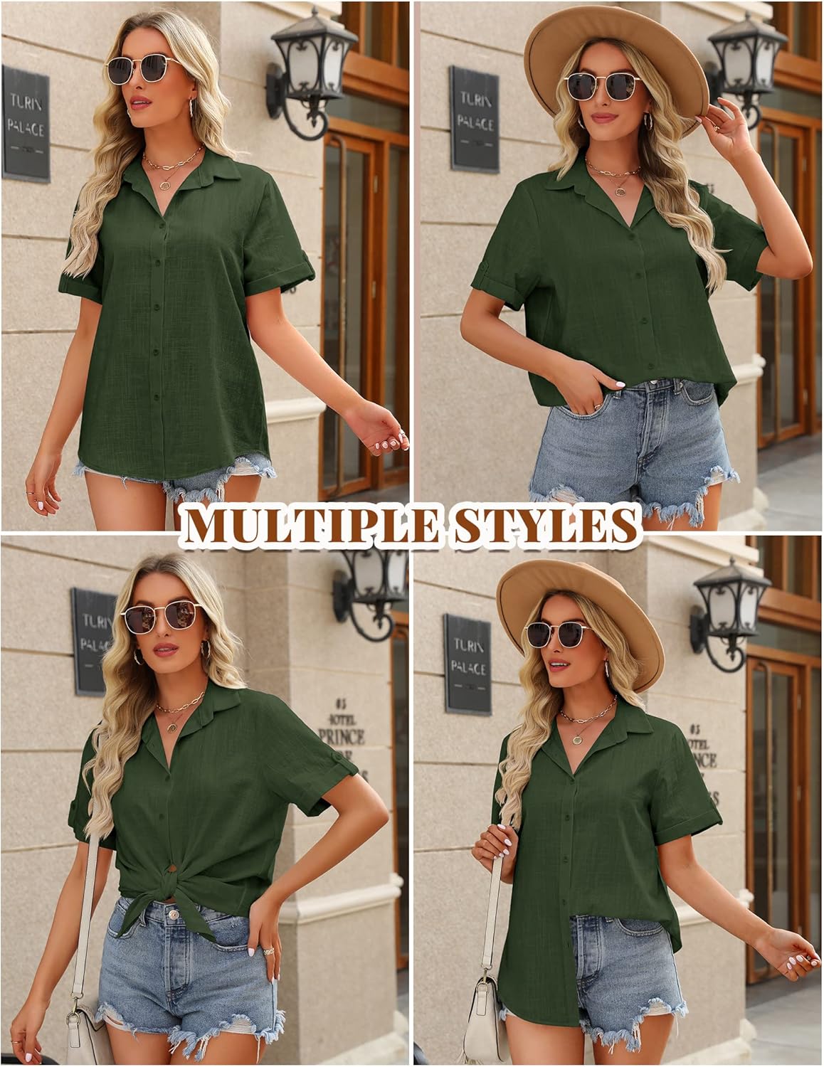 HOTOUCH Button Down Shirt Women Cotton Short Sleeve Blouses V Neck Collared Button Up Summer Beach TopsArmy Green