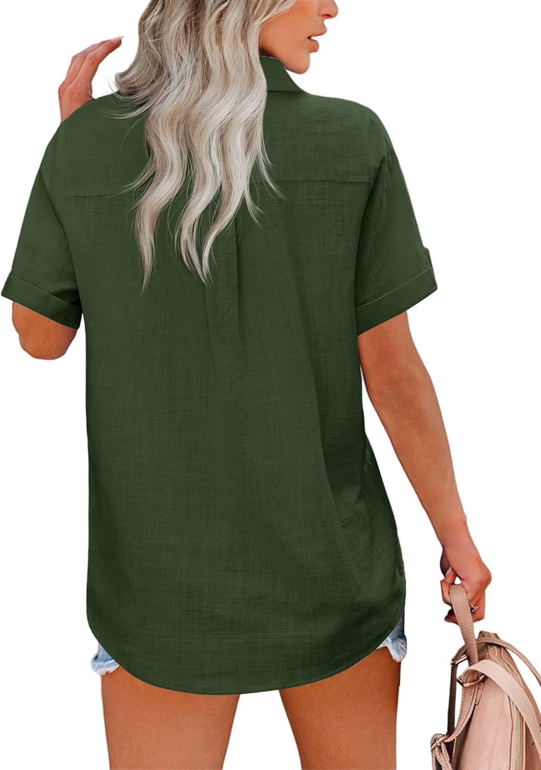 HOTOUCH Button Down Shirt Women Cotton Short Sleeve Blouses V Neck Collared Button Up Summer Beach TopsArmy Green