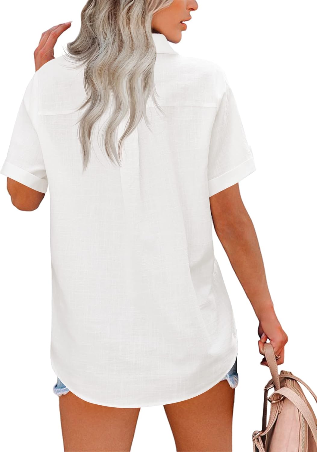 HOTOUCH Button Down Shirt Women Cotton Short Sleeve Blouses V Neck Collared Button Up Summer Beach TopsAwhite