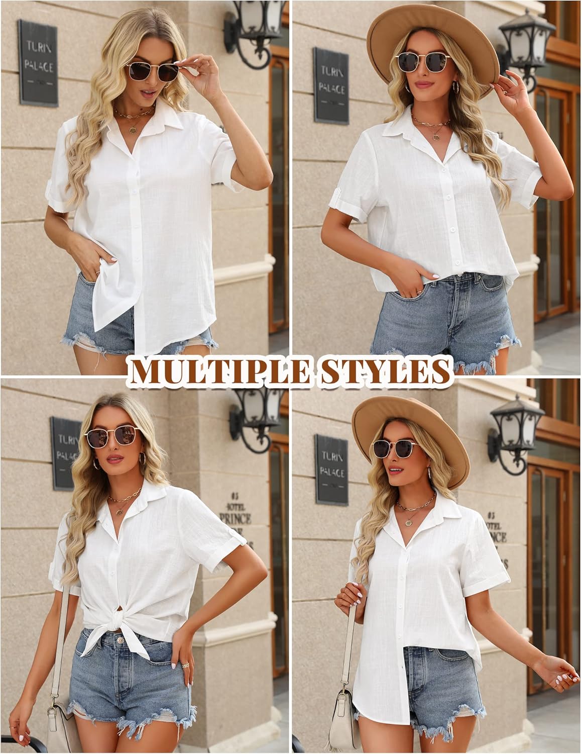 HOTOUCH Button Down Shirt Women Cotton Short Sleeve Blouses V Neck Collared Button Up Summer Beach TopsAwhite