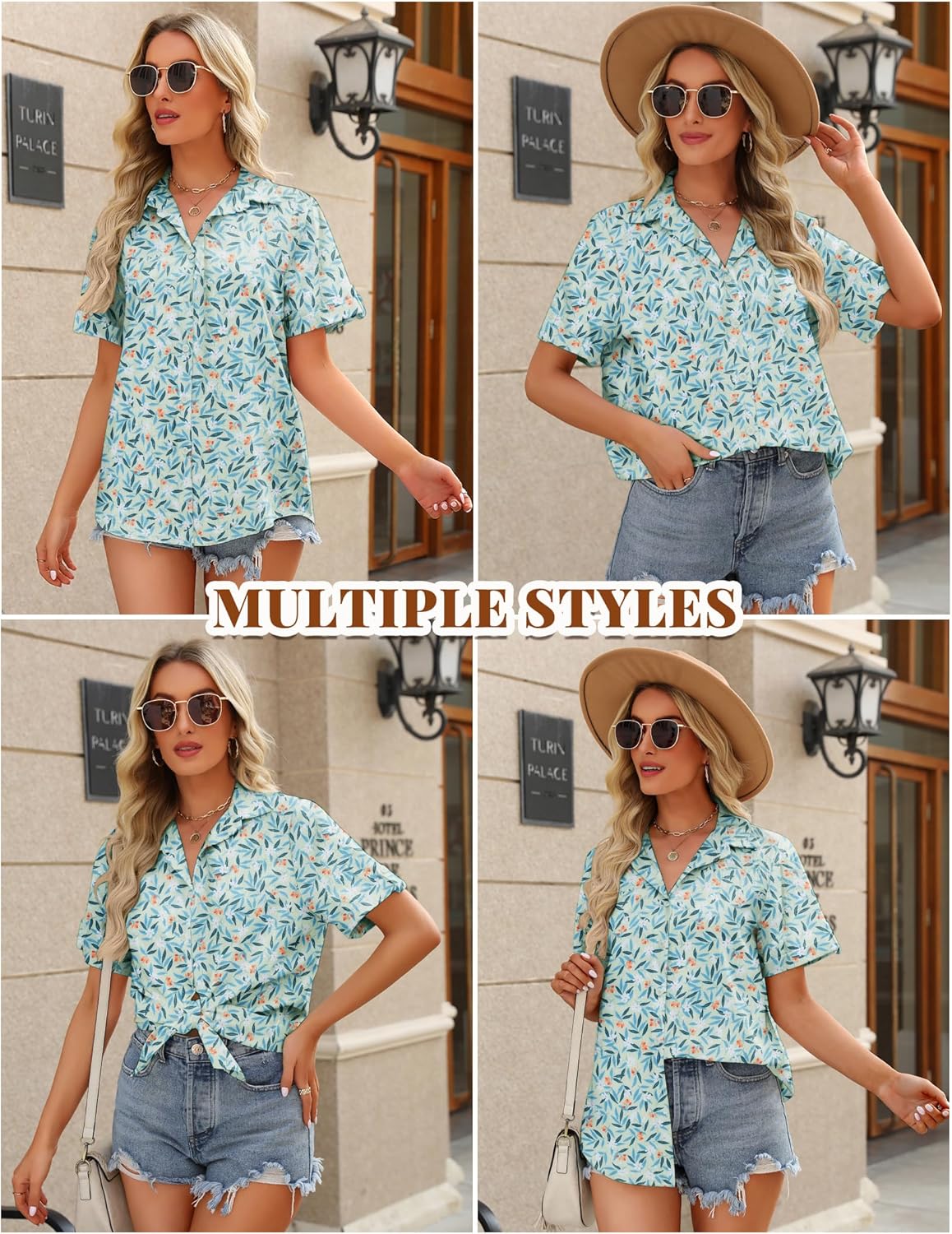 HOTOUCH Button Down Shirt Women Cotton Short Sleeve Blouses V Neck Collared Button Up Summer Beach TopsBlue Leaves