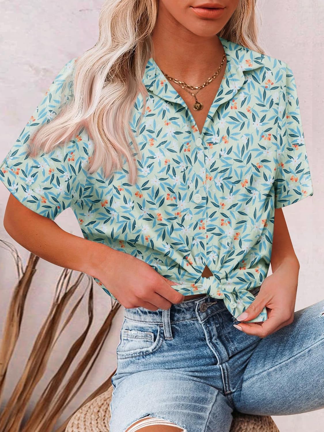 HOTOUCH Button Down Shirt Women Cotton Short Sleeve Blouses V Neck Collared Button Up Summer Beach TopsBlue Leaves