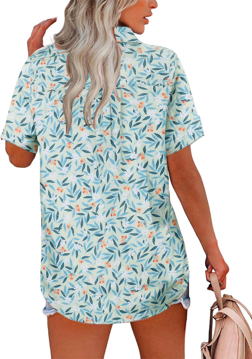 HOTOUCH Button Down Shirt Women Cotton Short Sleeve Blouses V Neck Collared Button Up Summer Beach TopsBlue Leaves