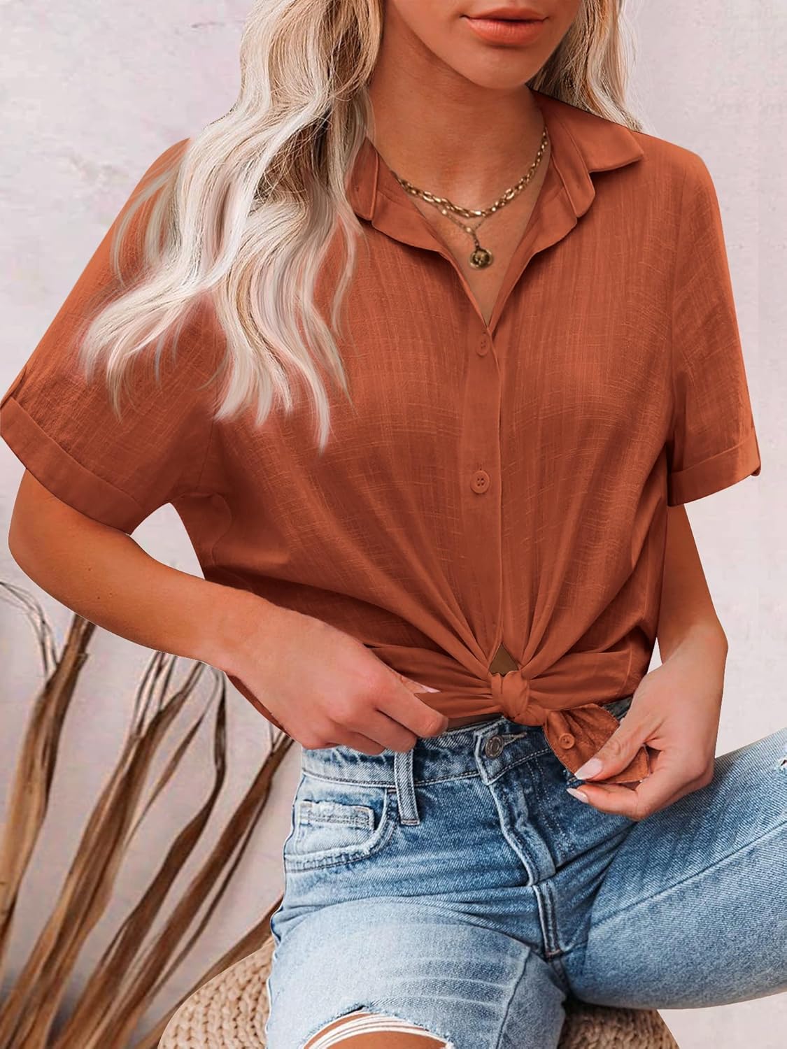 HOTOUCH Button Down Shirt Women Cotton Short Sleeve Blouses V Neck Collared Button Up Summer Beach TopsBrown