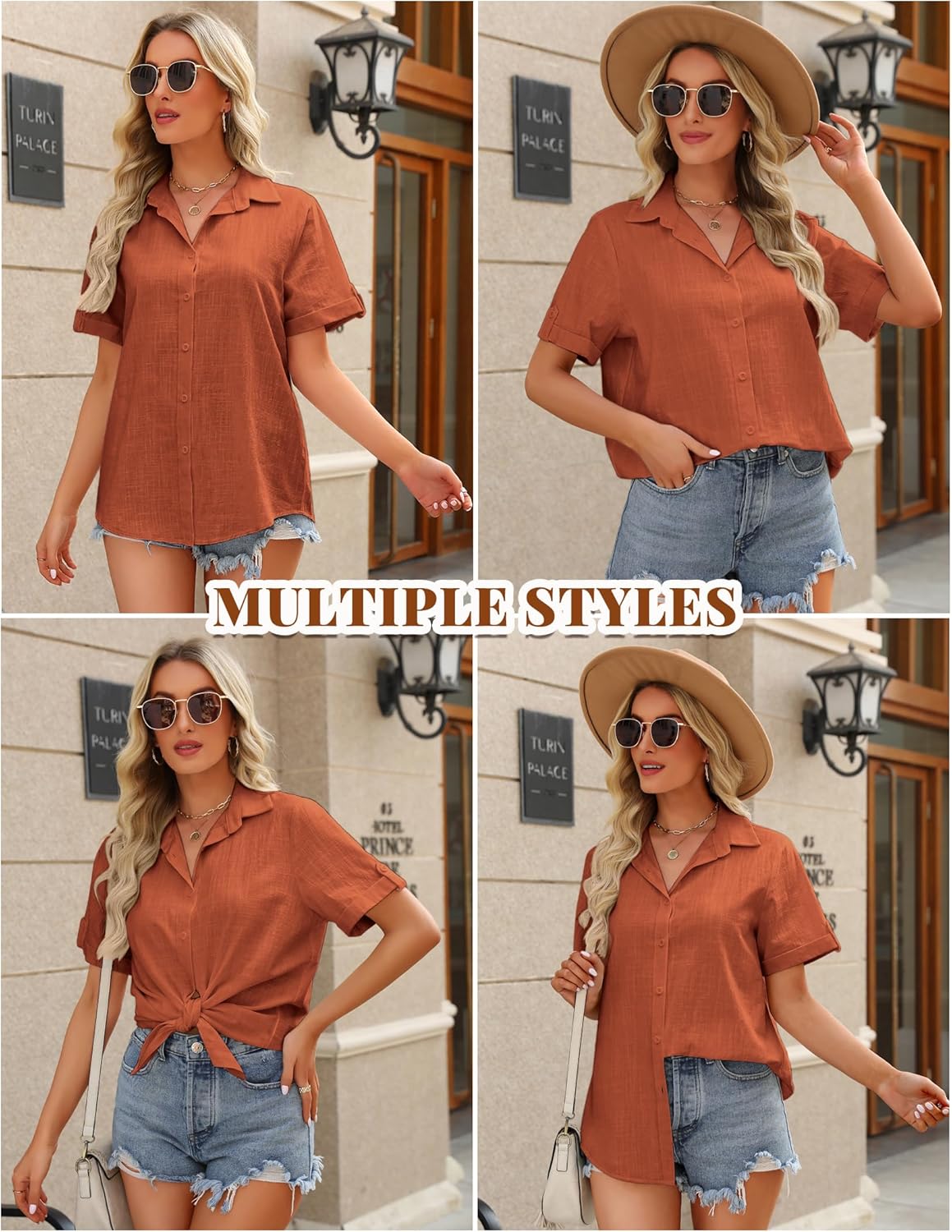 HOTOUCH Button Down Shirt Women Cotton Short Sleeve Blouses V Neck Collared Button Up Summer Beach TopsBrown