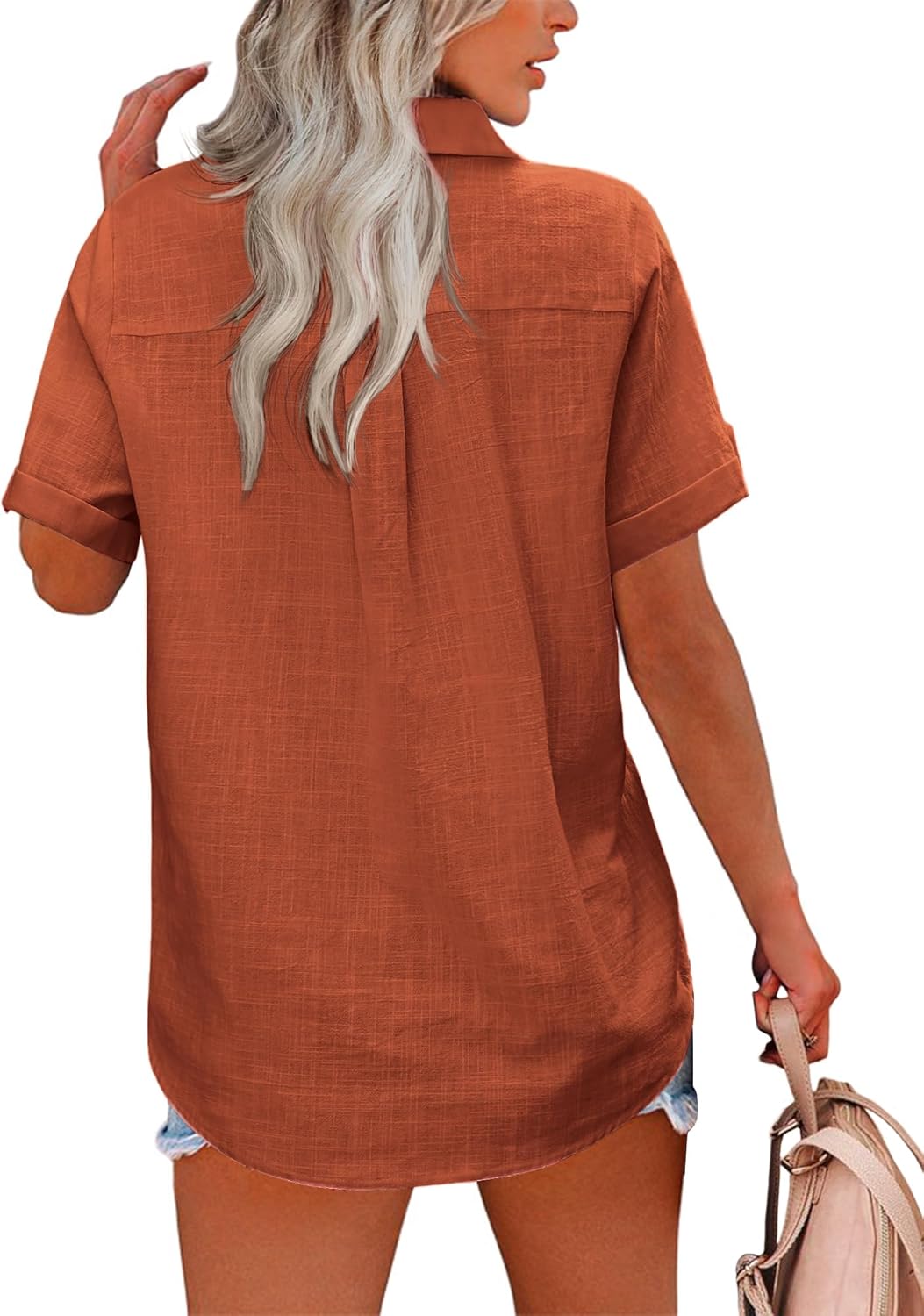 HOTOUCH Button Down Shirt Women Cotton Short Sleeve Blouses V Neck Collared Button Up Summer Beach TopsBrown