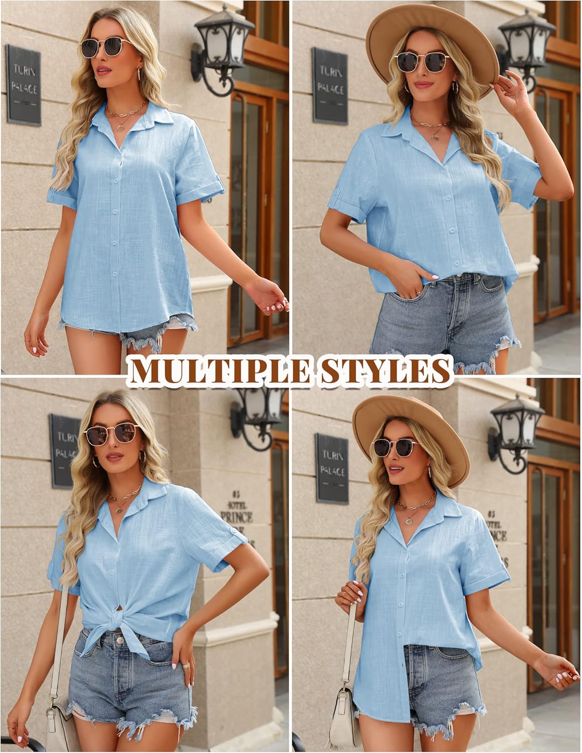 HOTOUCH Button Down Shirt Women Cotton Short Sleeve Blouses V Neck Collared Button Up Summer Beach TopsClear Blue