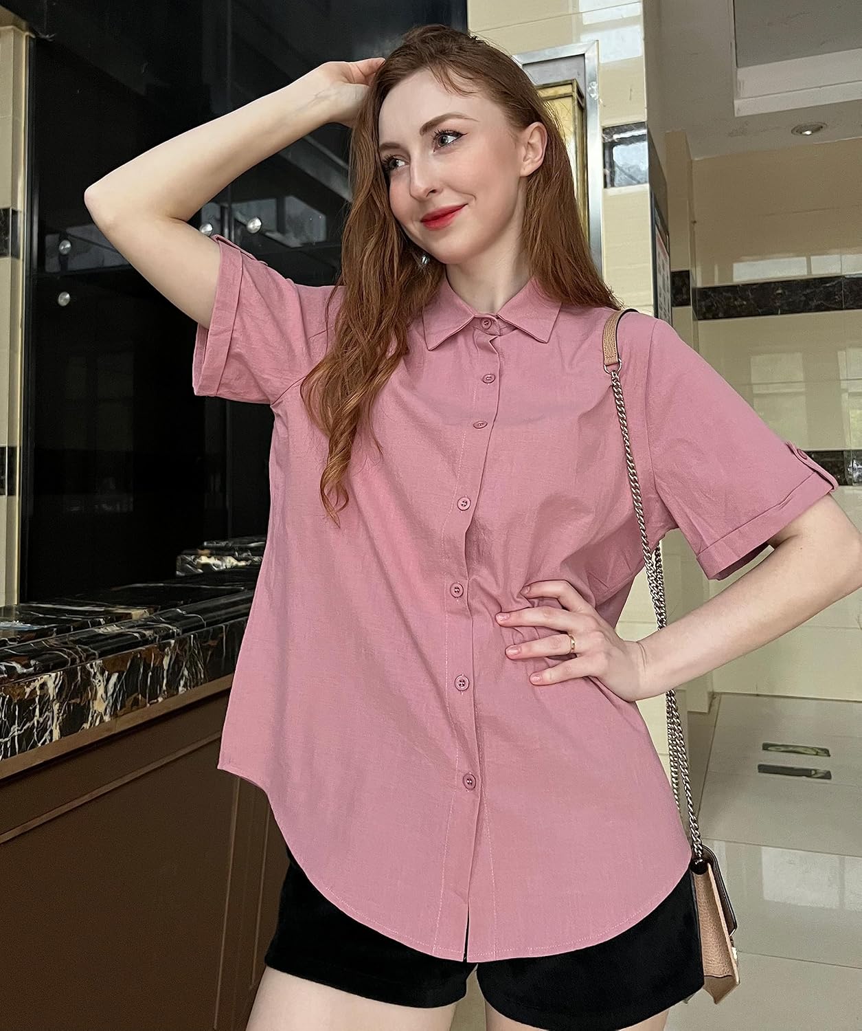 HOTOUCH Button Down Shirt Women Cotton Short Sleeve Blouses V Neck Collared Button Up Summer Beach TopsDark Pink