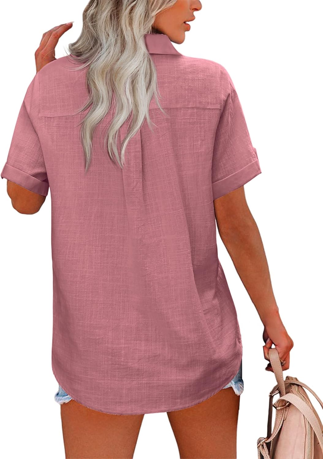 HOTOUCH Button Down Shirt Women Cotton Short Sleeve Blouses V Neck Collared Button Up Summer Beach TopsDark Pink