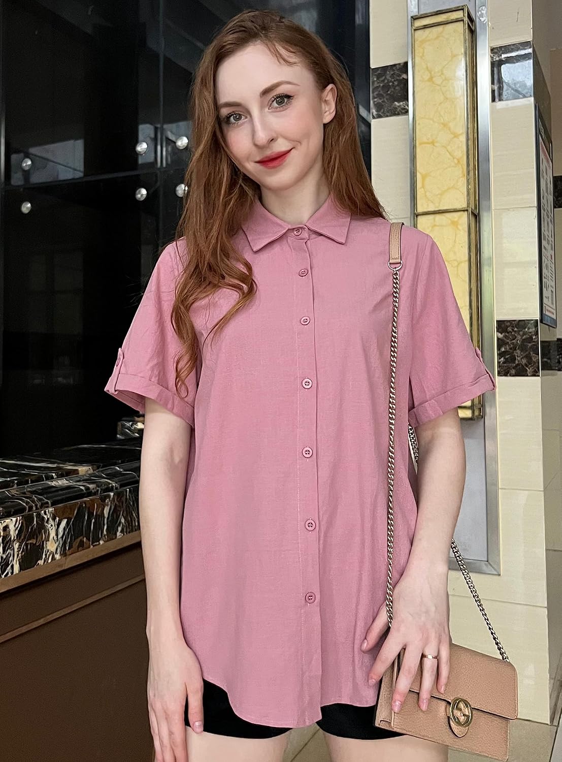HOTOUCH Button Down Shirt Women Cotton Short Sleeve Blouses V Neck Collared Button Up Summer Beach TopsDark Pink