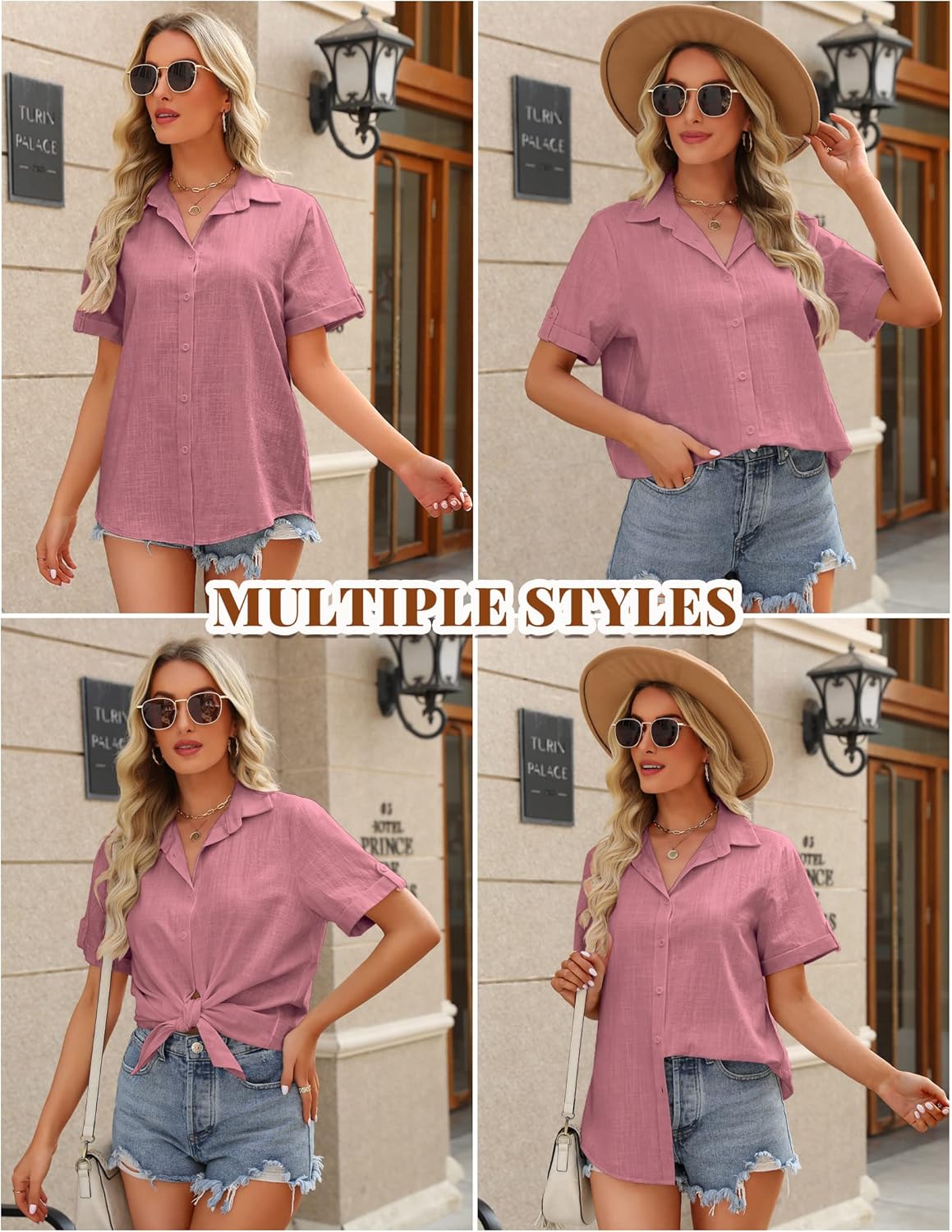 HOTOUCH Button Down Shirt Women Cotton Short Sleeve Blouses V Neck Collared Button Up Summer Beach TopsDark Pink