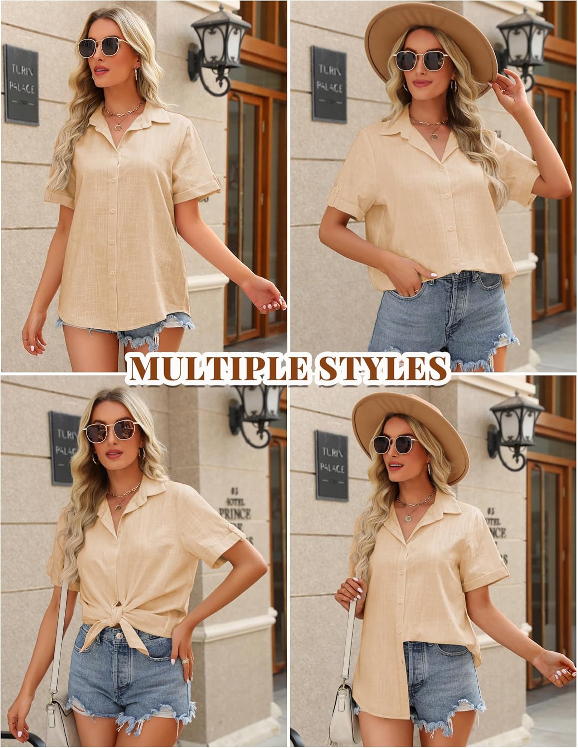 HOTOUCH Button Down Shirt Women Cotton Short Sleeve Blouses V Neck Collared Button Up Summer Beach TopsKhaki