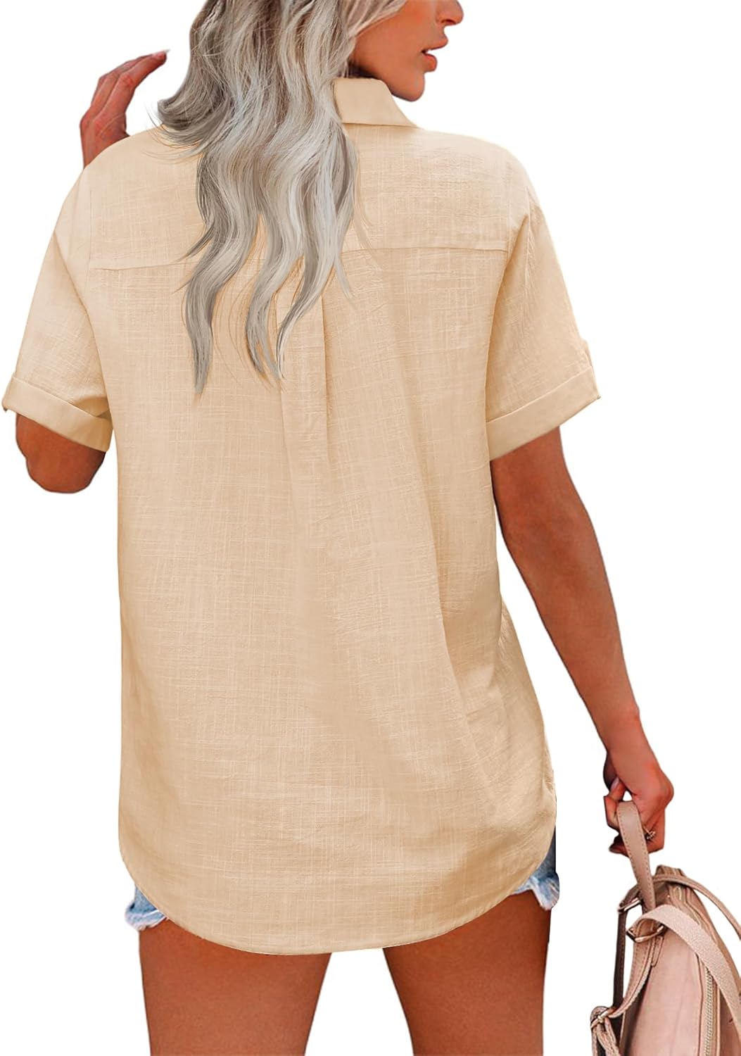 HOTOUCH Button Down Shirt Women Cotton Short Sleeve Blouses V Neck Collared Button Up Summer Beach TopsKhaki