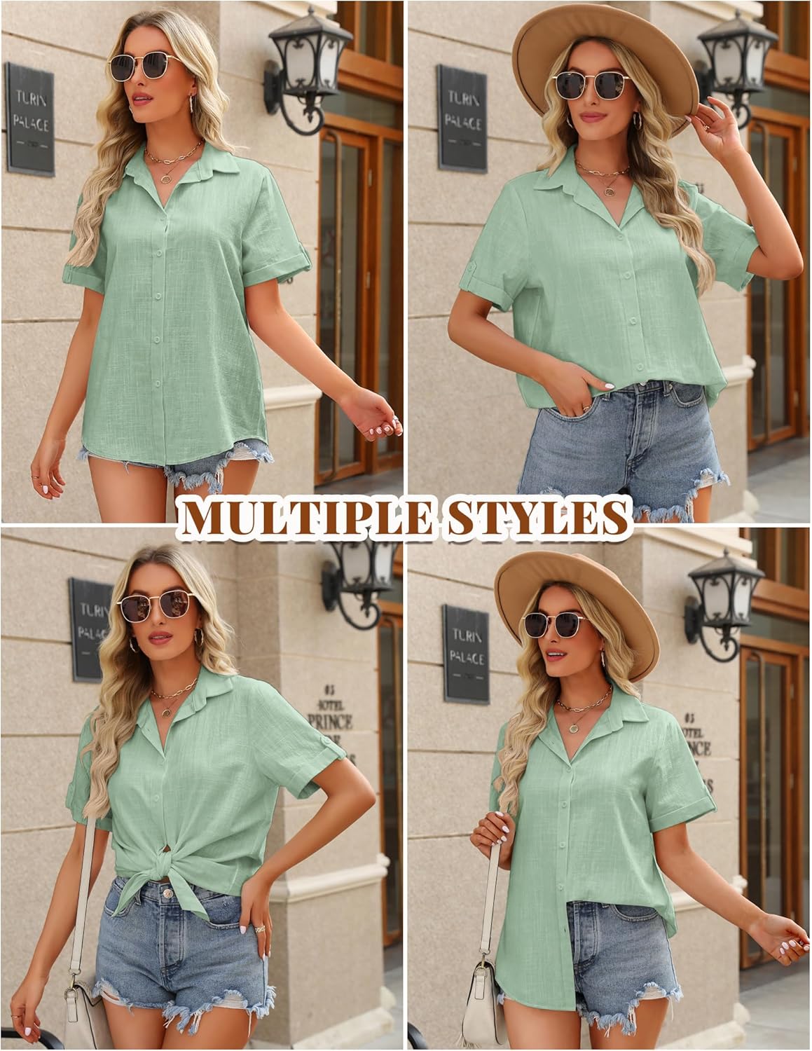 HOTOUCH Button Down Shirt Women Cotton Short Sleeve Blouses V Neck Collared Button Up Summer Beach TopsLight Green