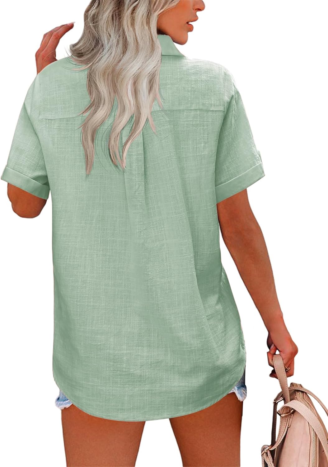 HOTOUCH Button Down Shirt Women Cotton Short Sleeve Blouses V Neck Collared Button Up Summer Beach TopsLight Green