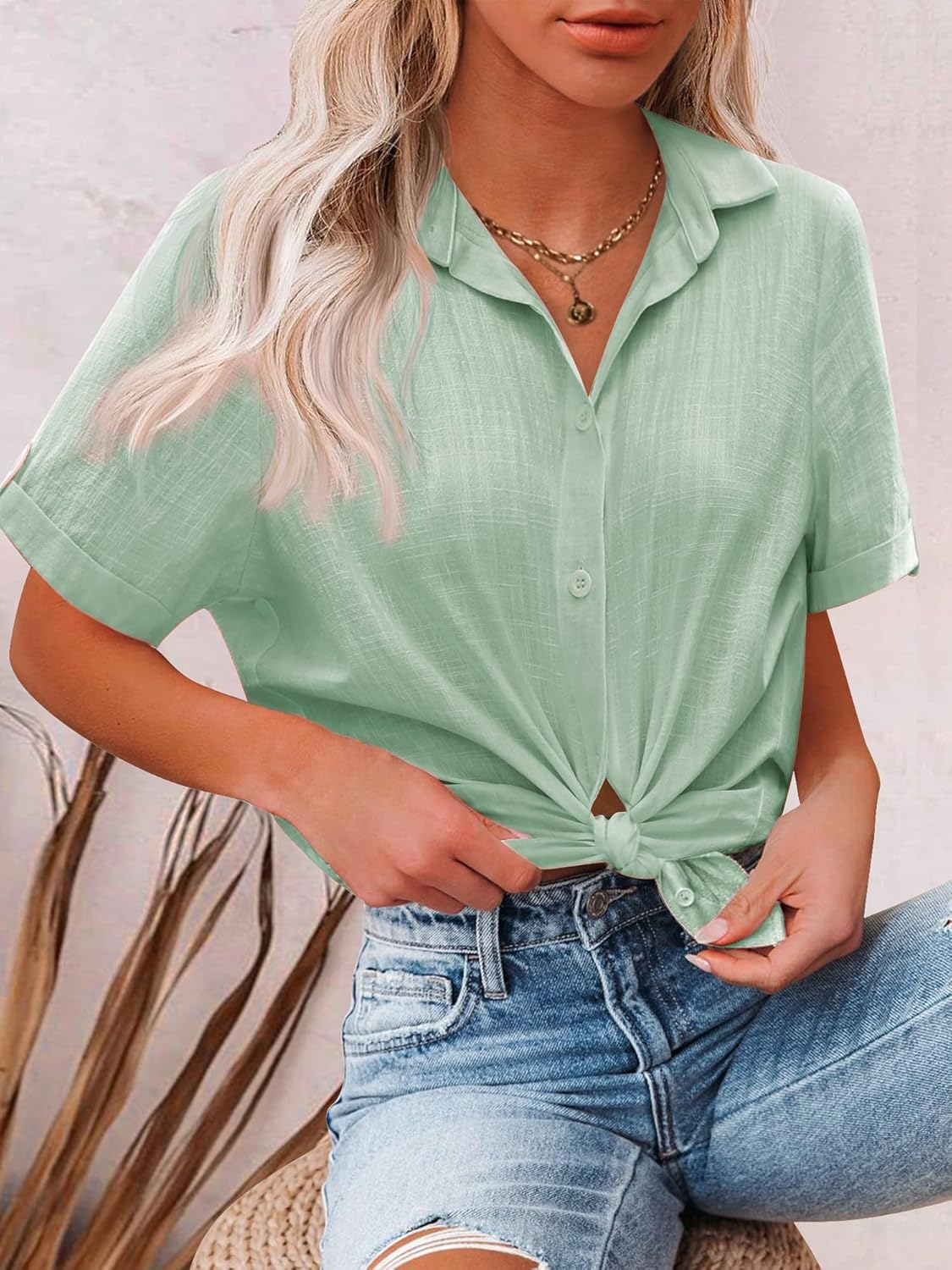 HOTOUCH Button Down Shirt Women Cotton Short Sleeve Blouses V Neck Collared Button Up Summer Beach TopsLight Green