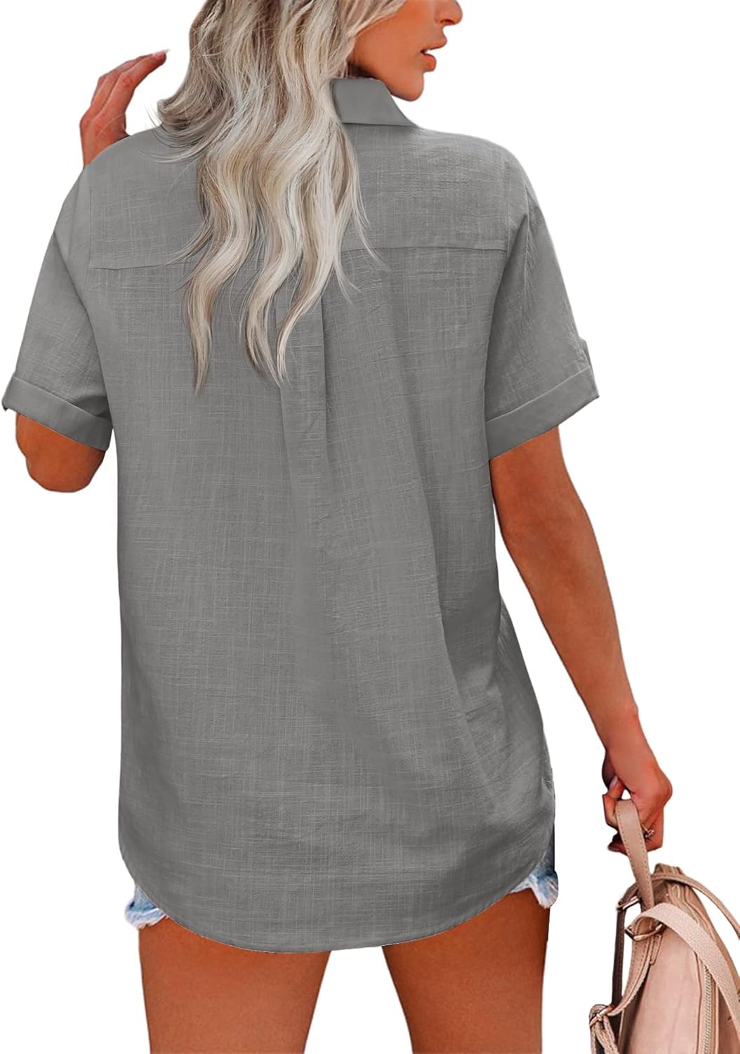 HOTOUCH Button Down Shirt Women Cotton Short Sleeve Blouses V Neck Collared Button Up Summer Beach TopsLight Grey