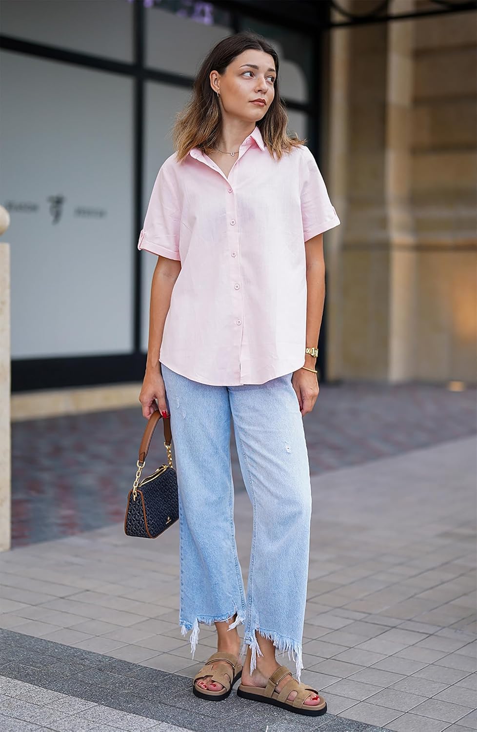HOTOUCH Button Down Shirt Women Cotton Short Sleeve Blouses V Neck Collared Button Up Summer Beach TopsMisty Rose