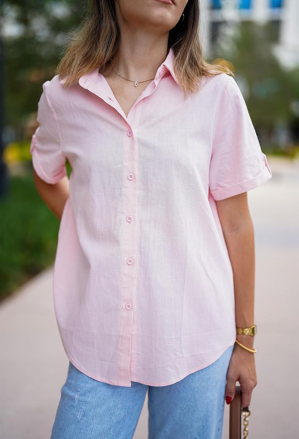 HOTOUCH Button Down Shirt Women Cotton Short Sleeve Blouses V Neck Collared Button Up Summer Beach TopsMisty Rose