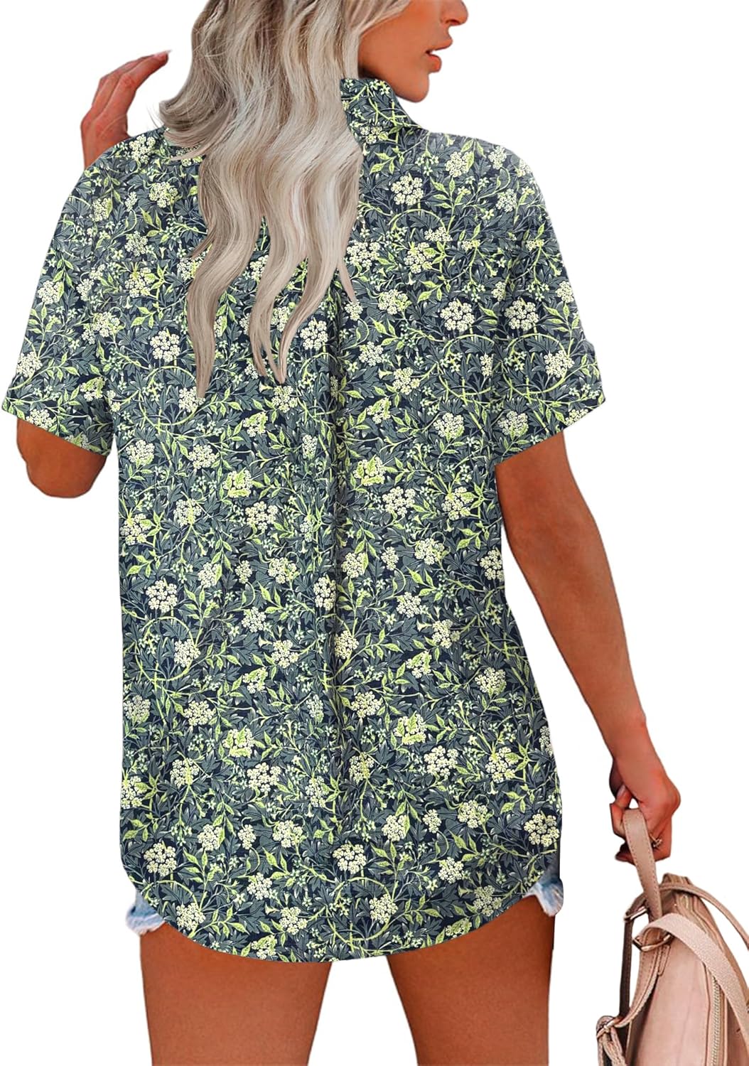 HOTOUCH Button Down Shirt Women Cotton Short Sleeve Blouses V Neck Collared Button Up Summer Beach TopsNavy Leaves