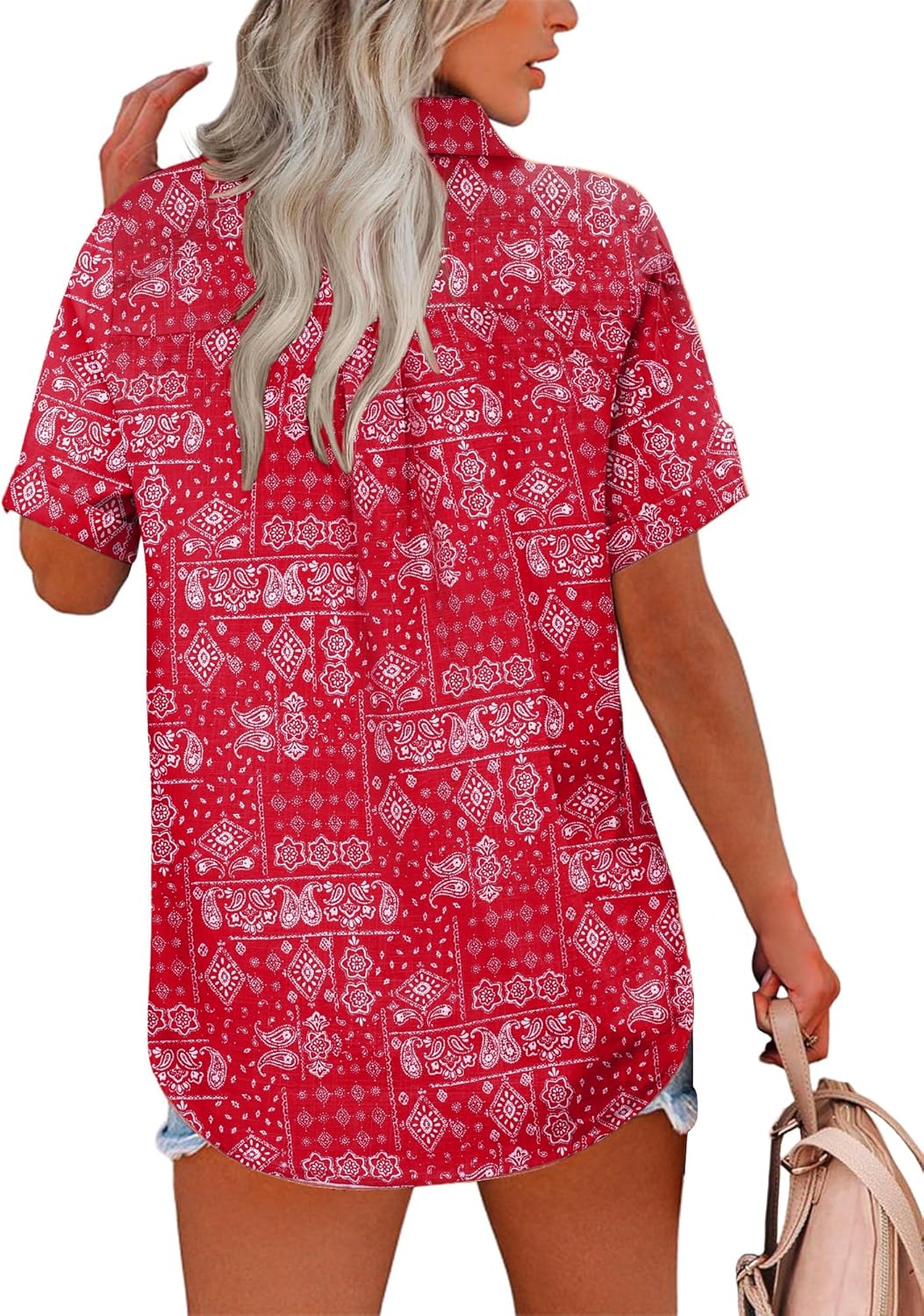 HOTOUCH Button Down Shirt Women Cotton Short Sleeve Blouses V Neck Collared Button Up Summer Beach TopsRed Boho