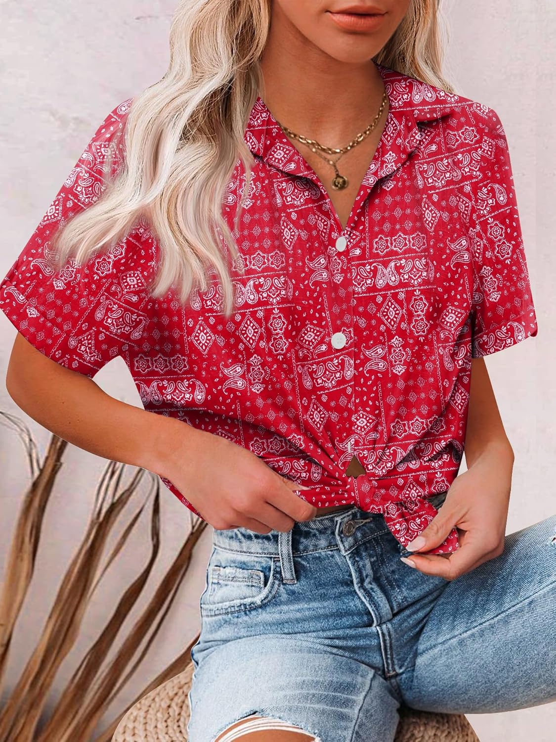 HOTOUCH Button Down Shirt Women Cotton Short Sleeve Blouses V Neck Collared Button Up Summer Beach TopsRed Boho
