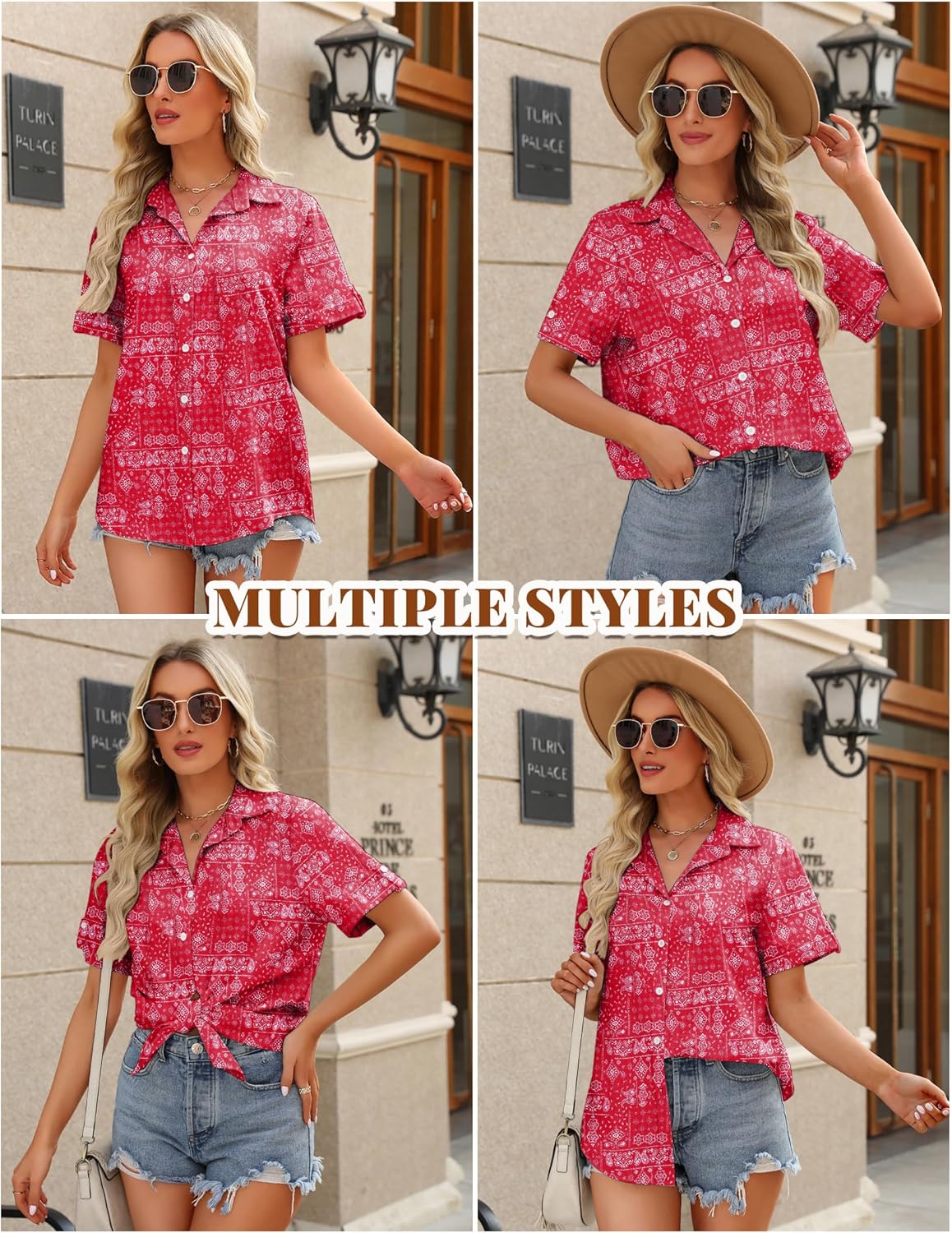 HOTOUCH Button Down Shirt Women Cotton Short Sleeve Blouses V Neck Collared Button Up Summer Beach TopsRed Boho
