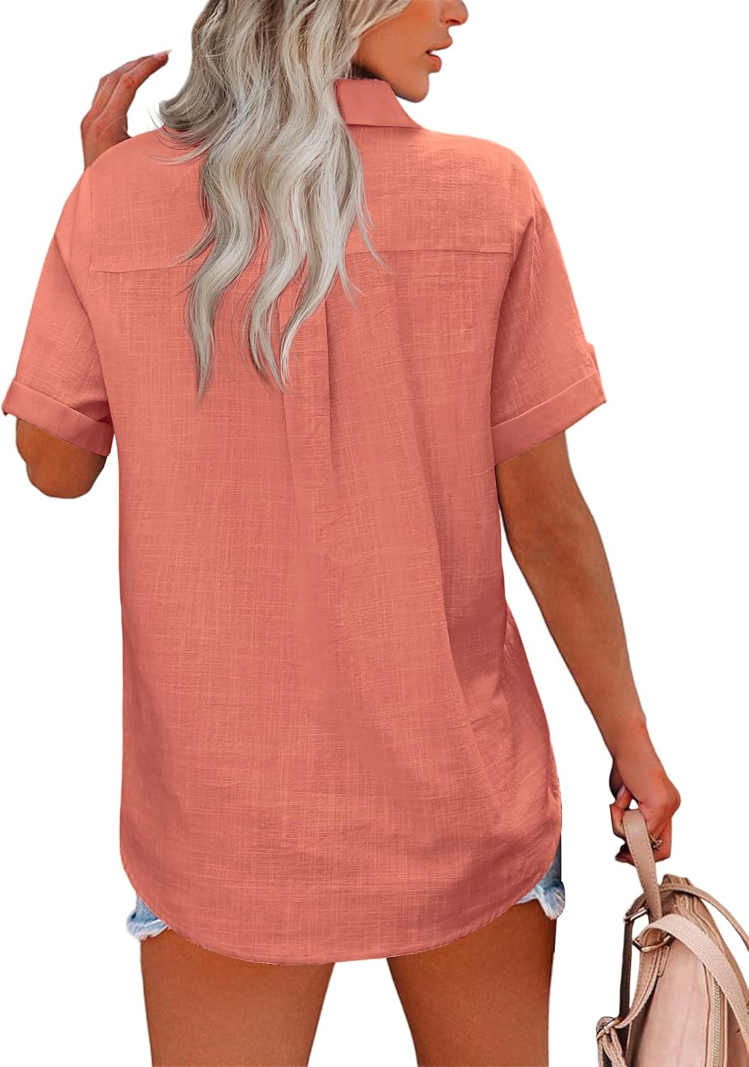 HOTOUCH Button Down Shirt Women Cotton Short Sleeve Blouses V Neck Collared Button Up Summer Beach TopsTangerine