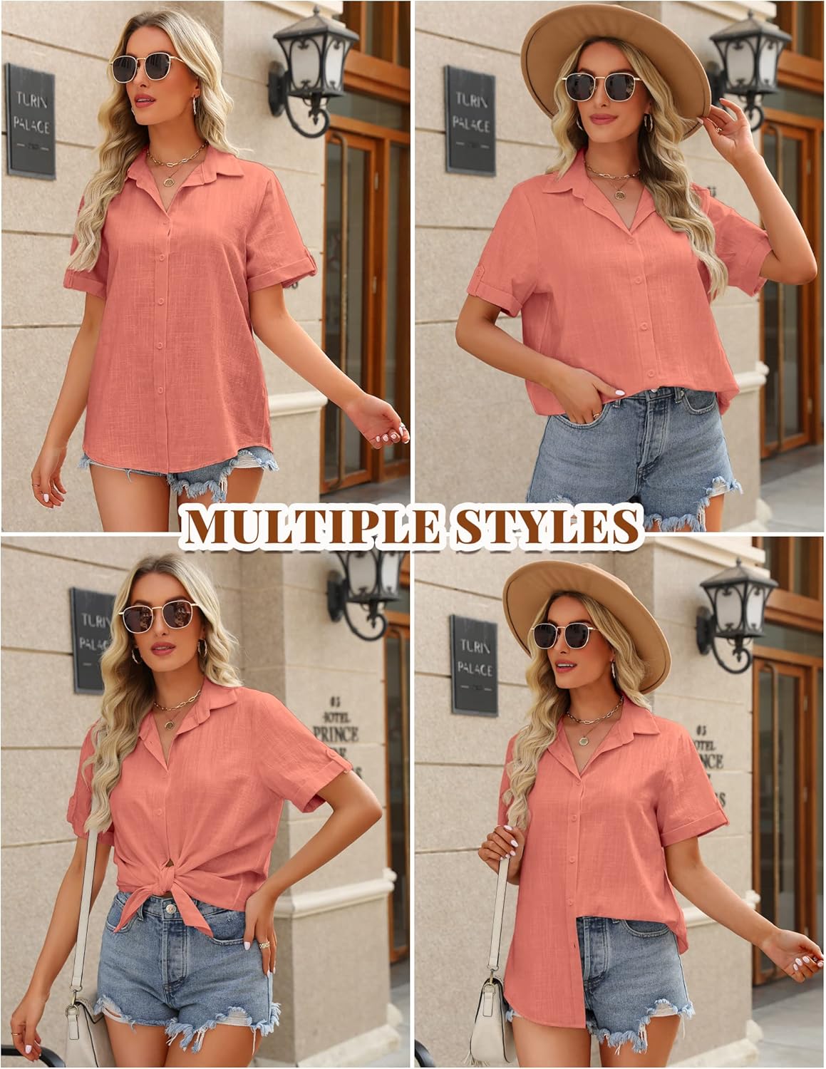 HOTOUCH Button Down Shirt Women Cotton Short Sleeve Blouses V Neck Collared Button Up Summer Beach TopsTangerine