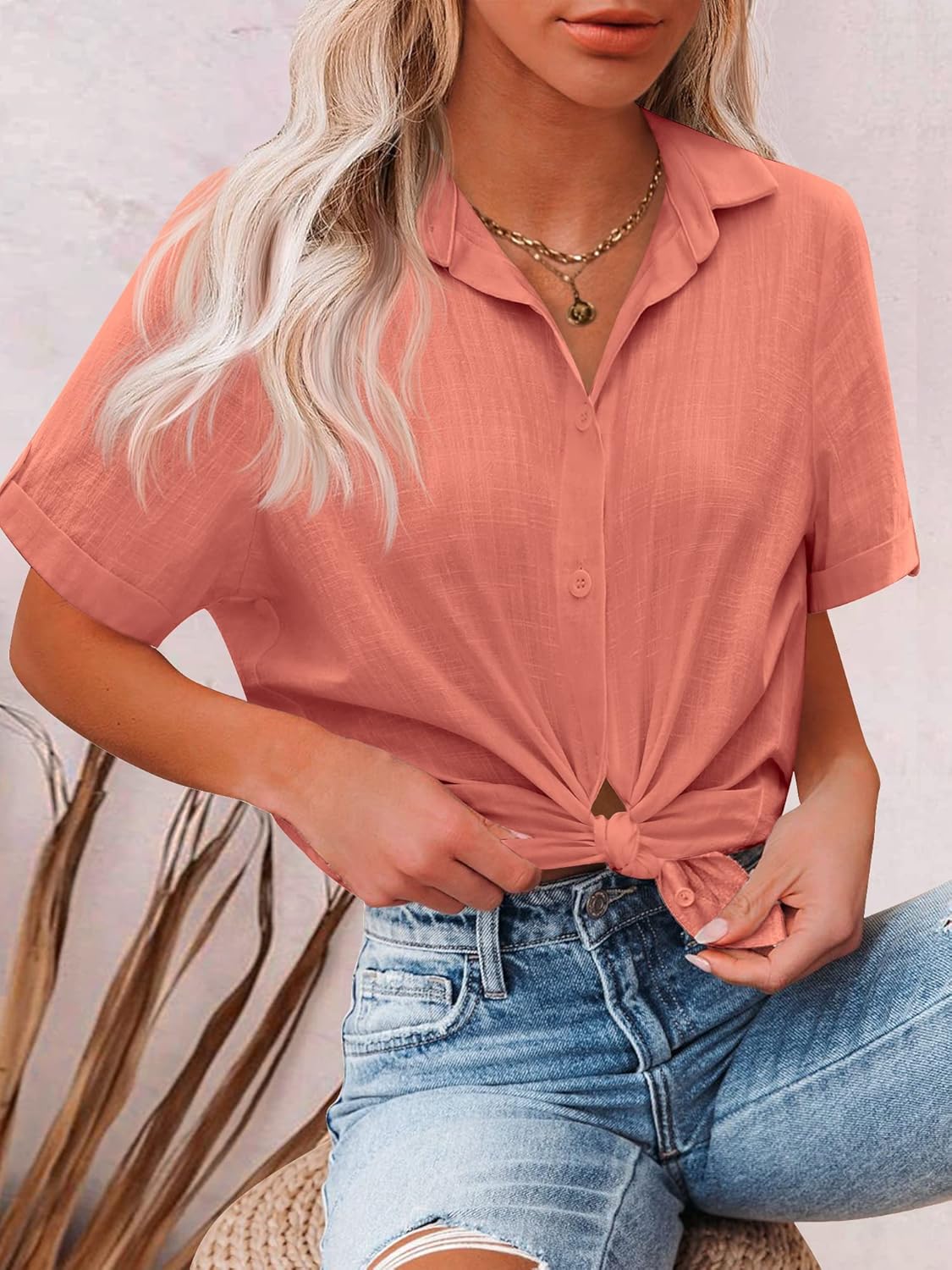 HOTOUCH Button Down Shirt Women Cotton Short Sleeve Blouses V Neck Collared Button Up Summer Beach TopsTangerine