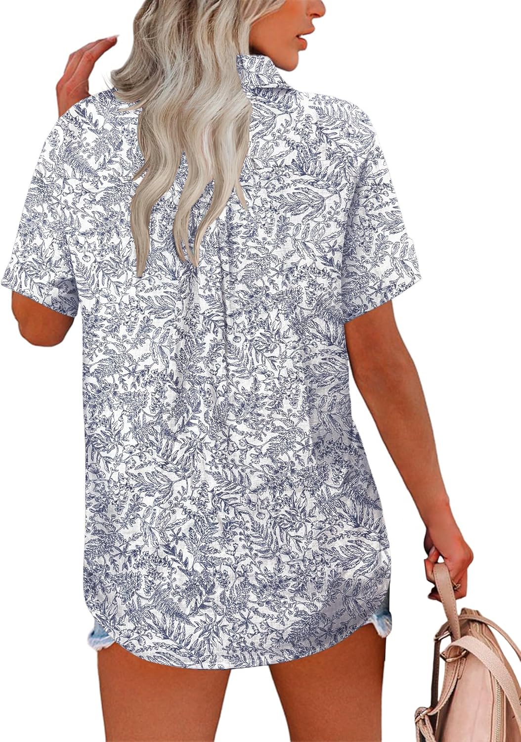 HOTOUCH Button Down Shirt Women Cotton Short Sleeve Blouses V Neck Collared Button Up Summer Beach TopsVacation Blue