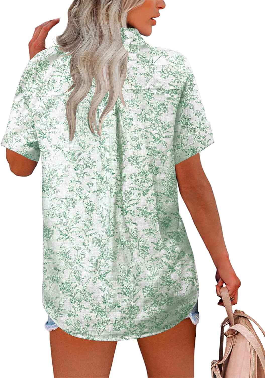 HOTOUCH Button Down Shirt Women Cotton Short Sleeve Blouses V Neck Collared Button Up Summer Beach TopsVacation Green