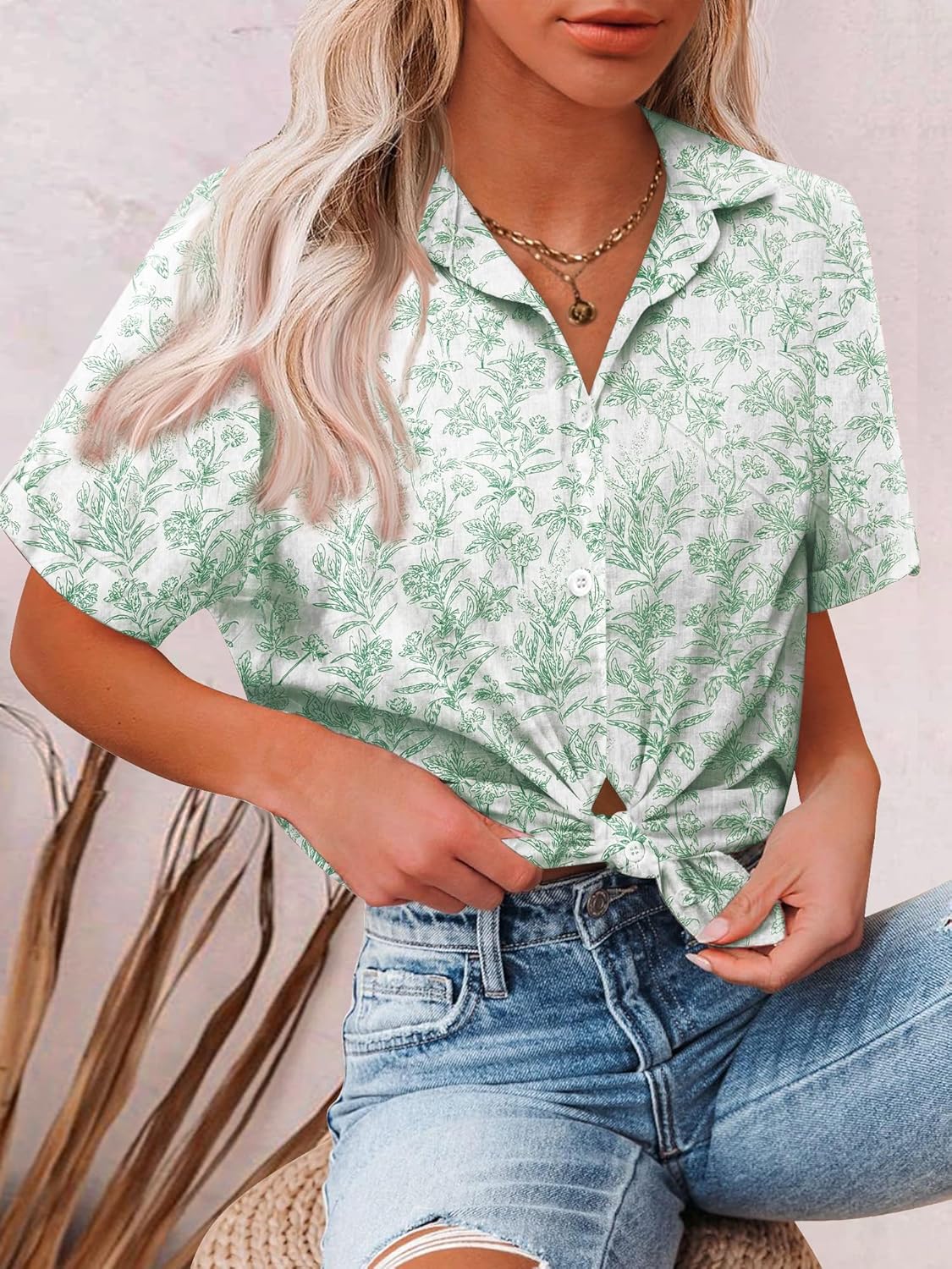 HOTOUCH Button Down Shirt Women Cotton Short Sleeve Blouses V Neck Collared Button Up Summer Beach TopsVacation Green