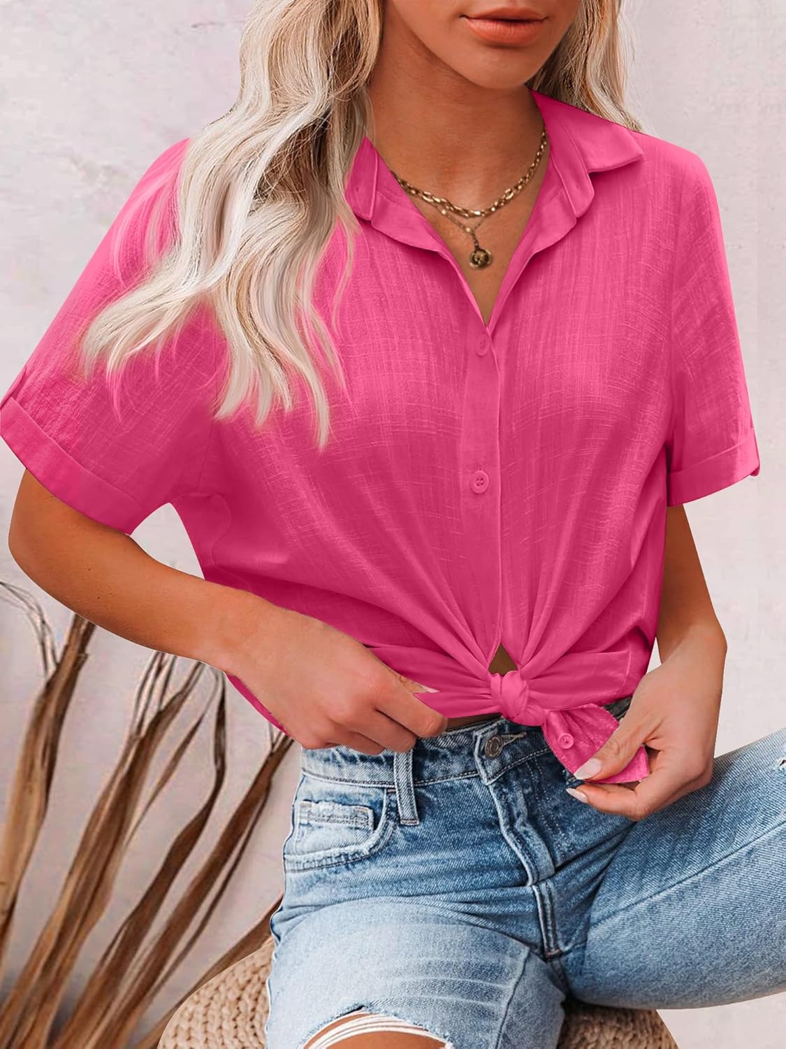 HOTOUCH Button Down Shirt Women Cotton Short Sleeve Blouses V Neck Collared Button Up Summer Beach TopsWatermelon Pink