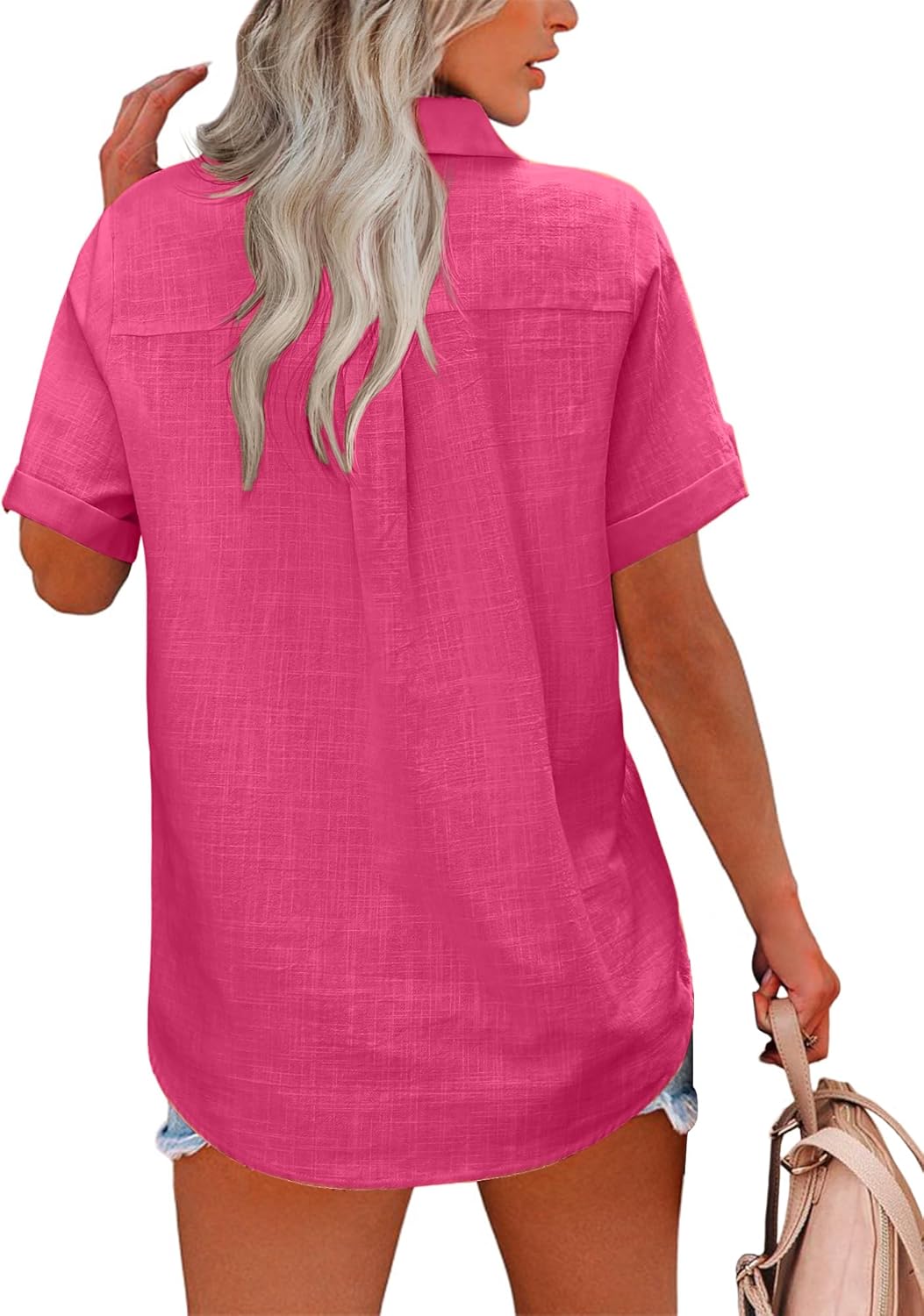 HOTOUCH Button Down Shirt Women Cotton Short Sleeve Blouses V Neck Collared Button Up Summer Beach TopsWatermelon Pink