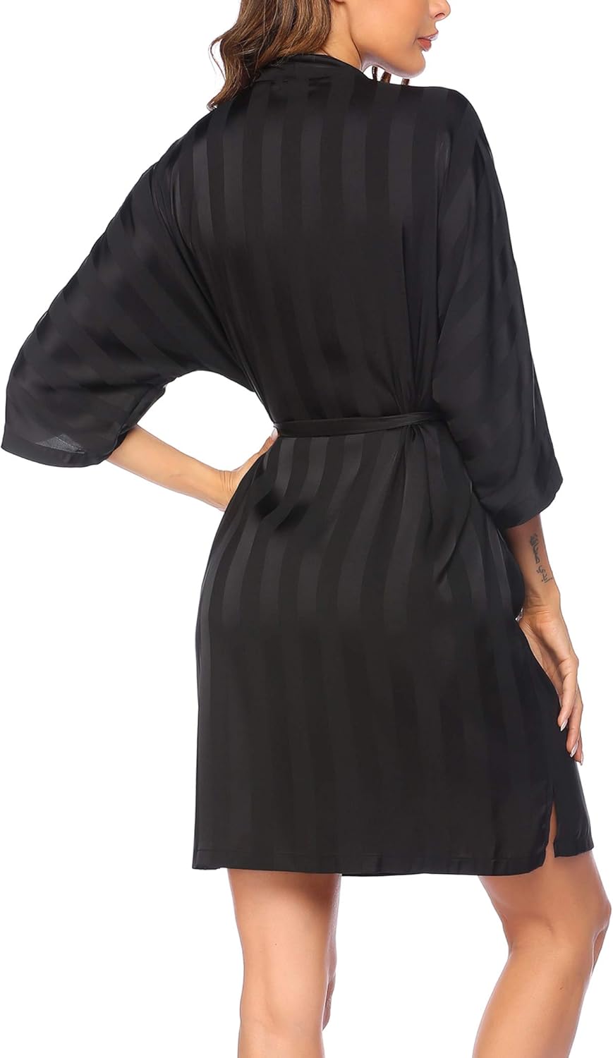 HOTOUCH Silk Bathrobe for Women Satin Short Wedding Party Kimono Black Robe with 34 Sleeve Black XLarge