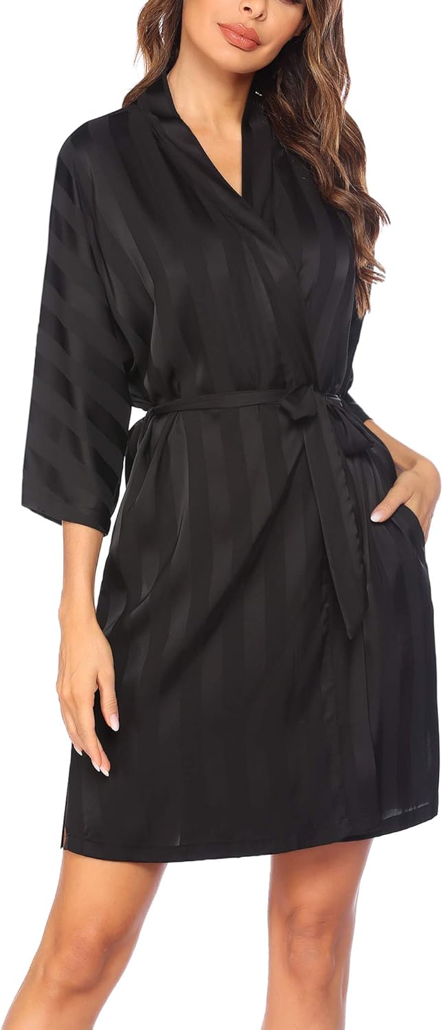 HOTOUCH Silk Bathrobe for Women Satin Short Wedding Party Kimono Black Robe with 34 Sleeve Black XLarge
