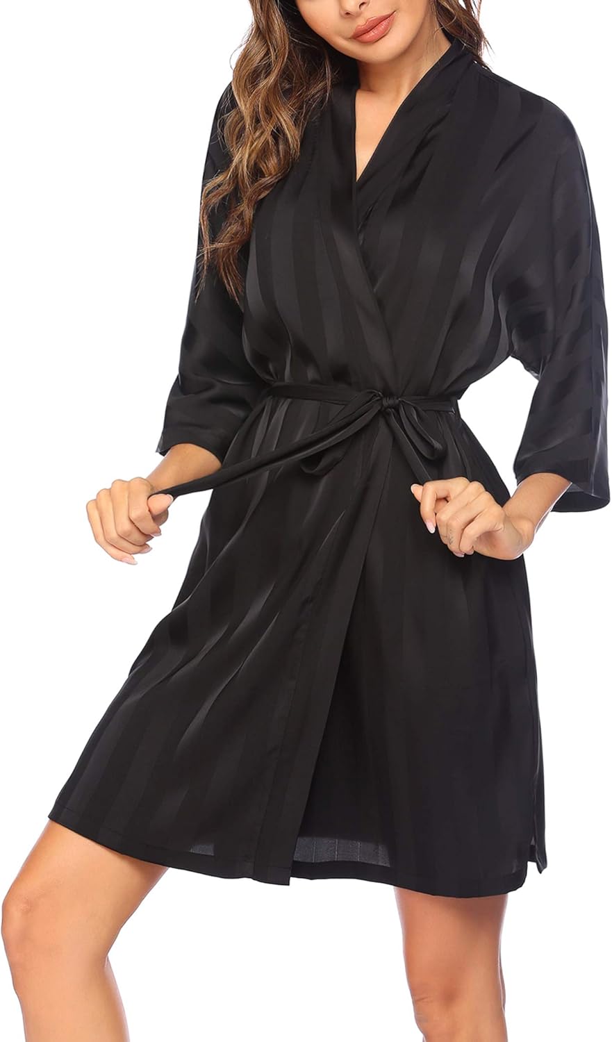 HOTOUCH Silk Bathrobe for Women Satin Short Wedding Party Kimono Black Robe with 34 Sleeve Black XLarge
